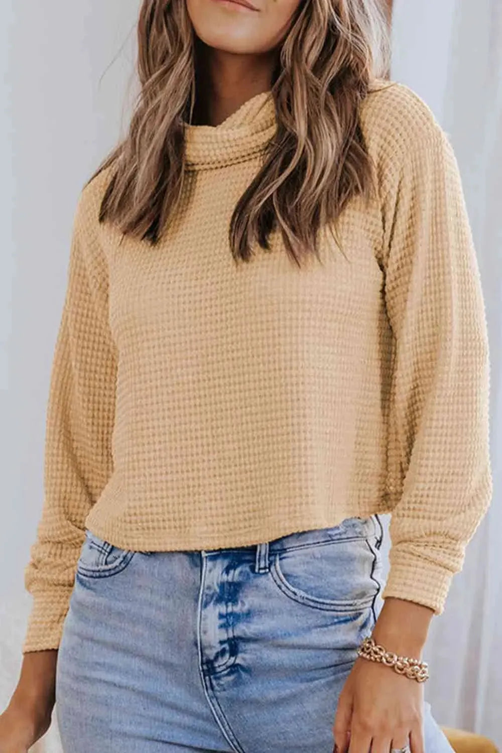 Waffle-Knit High Neck Top Beige Blouses - Tophatter Daily Deals
